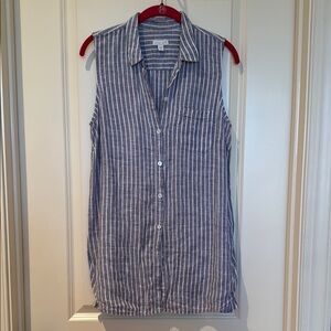 J. Jill White and Blue Button Down Linen Shirt with Notched Collar